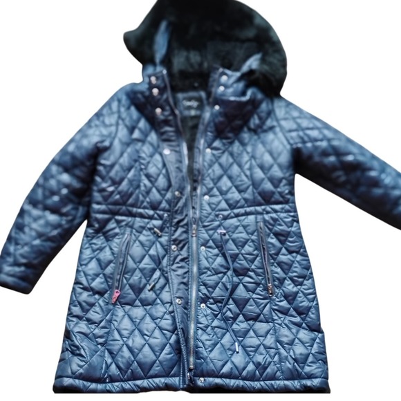 NEW Quilted Coat with Faux Fur Hooded Trim Navy blue XL Puffer, Winter, Warm - Picture 3 of 6